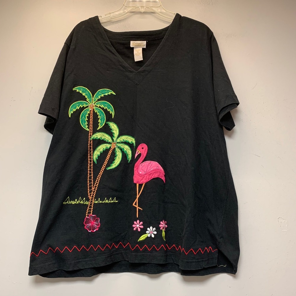 Roaman's T-Shirt Womens 1X Black Excellent Flamingo Palm Tree Embroidered Cotton